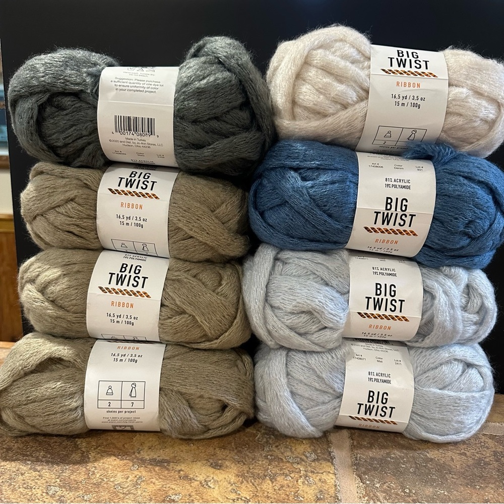 Big twist ribbon, yarn, bundle of 8 skeins for knitting or crochet.